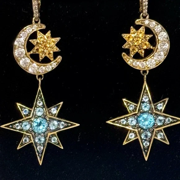 18k Gold Multi-Gemstone Celestial Star and Moon Earrings - Picture 1 of 9